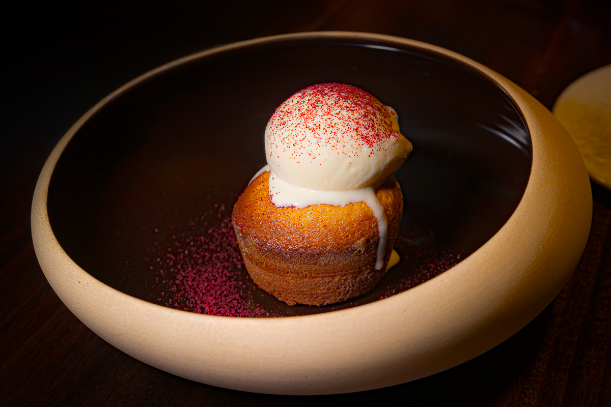 White chocolate petit gâteau and vinegar ice cream